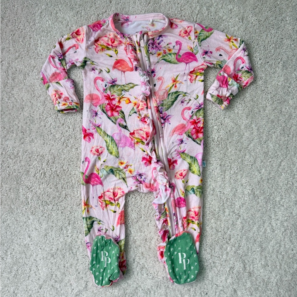 Posh Peanut Pink Flamingo “Leilani” Footie Ruffled Zippered One Piece - Picture 1 of 12